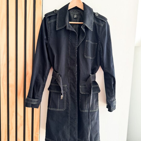 1990s Vintage Apostrophe Black Trench Coat with Belt (10) Cotton Blend - Picture 3 of 5